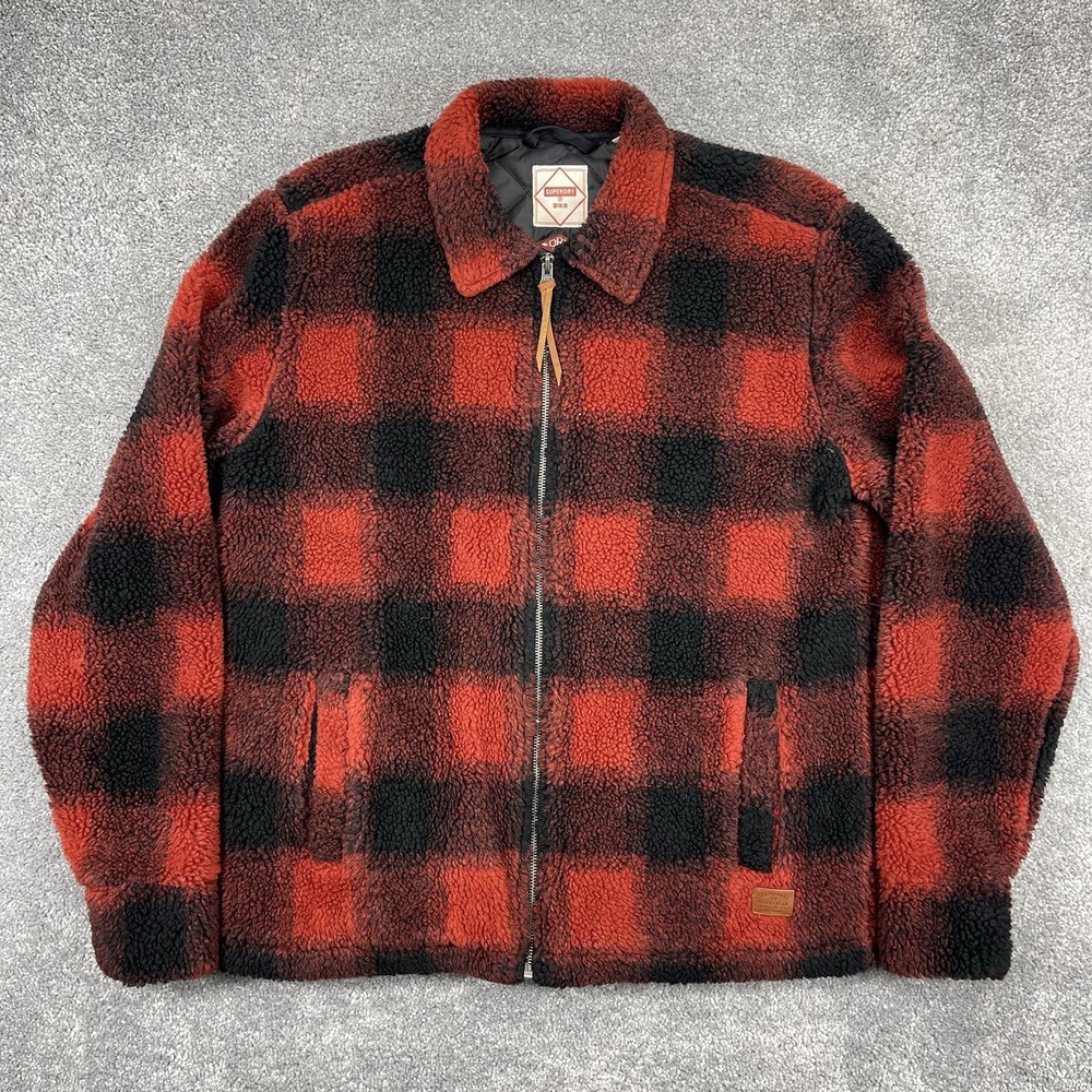 Super Dry Jacket Mens Medium Red Plaid Fleece Full Zip Quilted Pocket